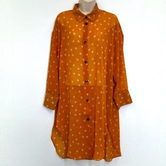 Zara - Polkadot Cream And Orange Button Down Long Chiffon Top Size Medium - Picture 3 of 13